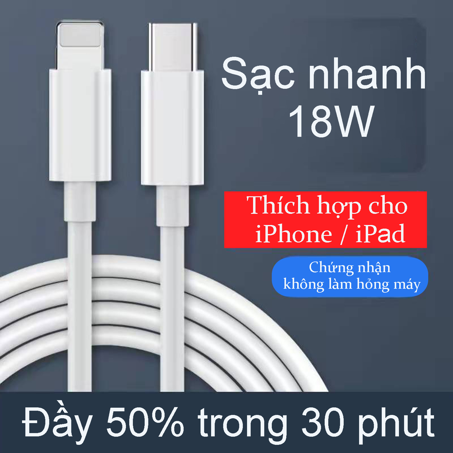 Dây cáp sạc pd 18w cho i-p 7/7p/8/8p/x/xs/xs max/11/12/11pro/11pro max/i-p12/i-pad cáp hỗ trợ sạc nhanh type-c to lightning, dùng kèm với củ sạc pd