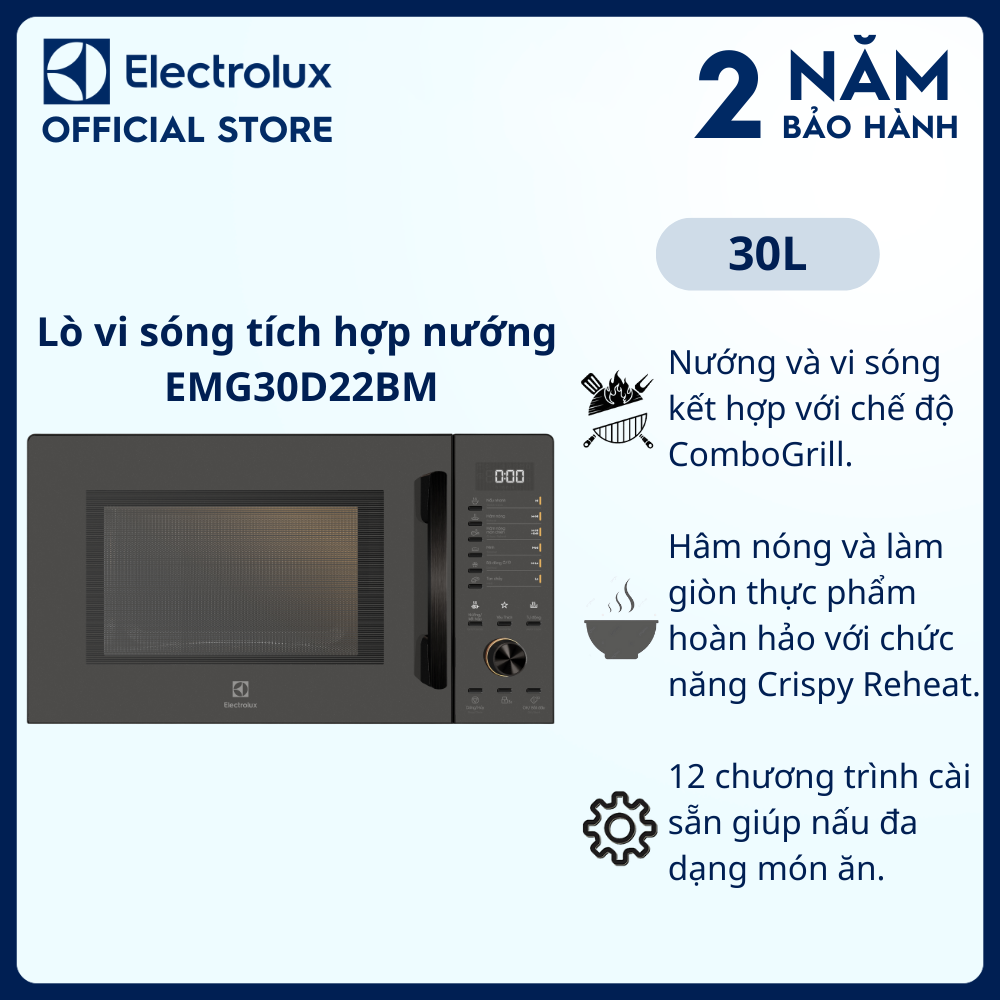 Lò vi sóng để bàn electrolux tích hợp nướng đối lưu 30l ultimatetaste 500 emg30d22bm, 12 chương trình cài sẵn