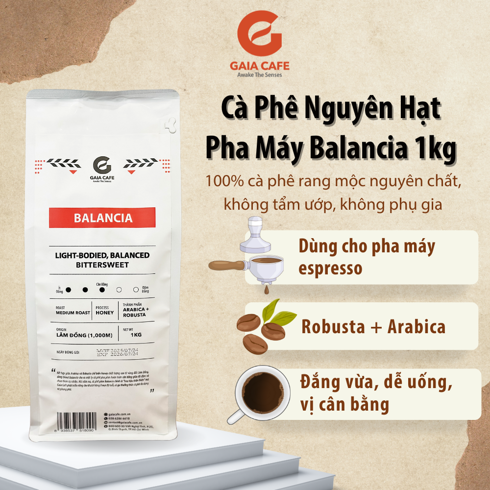 [1KG] Cà phê hạt GAIA BALANCIA | Cafe Robusta & Arabica | Cân bằng, đắng vừa | Phù hợp pha máy espresso và nhiều phương pháp khác