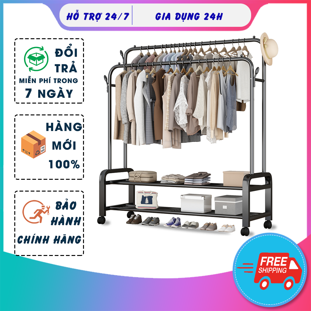 Giàn treo quần áo đôi,bằng thép đen sang trọng tiện lợi có bánh xe dễ di chuyển