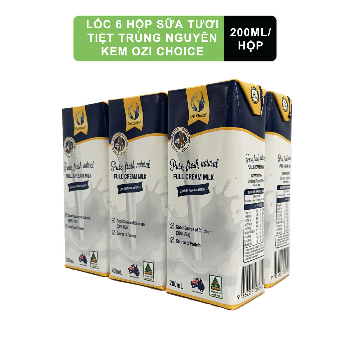 Sữa Tươi Nguyên Kem TiệtTrùng Ozichoice - Nhập Khẩu Từ Úc Hộp 200ml (6 hộp/vỉ)