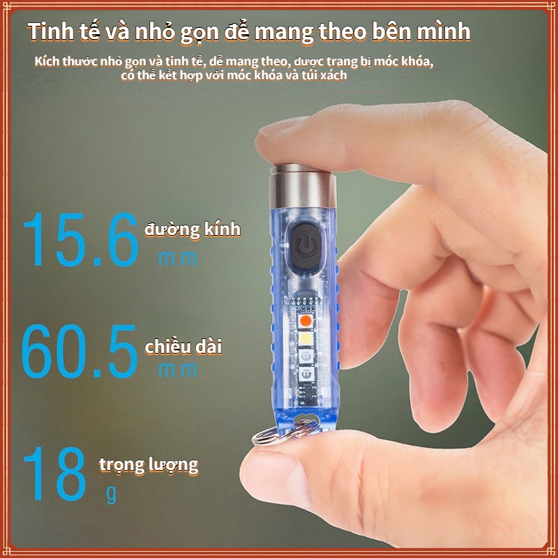 Đèn pin kiêm móc khóa, Móc khóa đèn pin LED mini 10 chế độ sáng không thấm nước, Đèn pin mini siêu sáng sạc type C