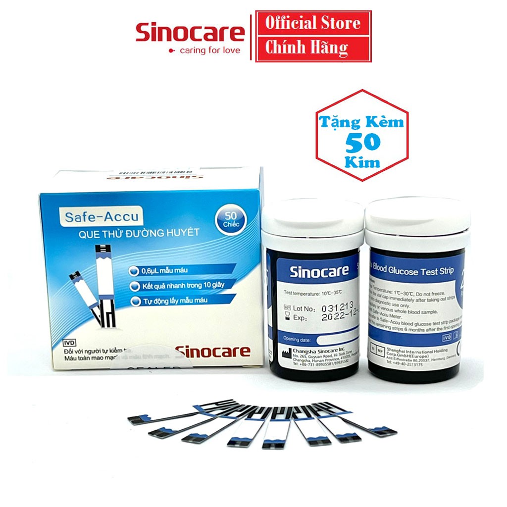 Hộp 50 que thử đường huyết Sinocare Safe Accu, hạn sử dụng 2 năm, tặng 50 kim lấy máu