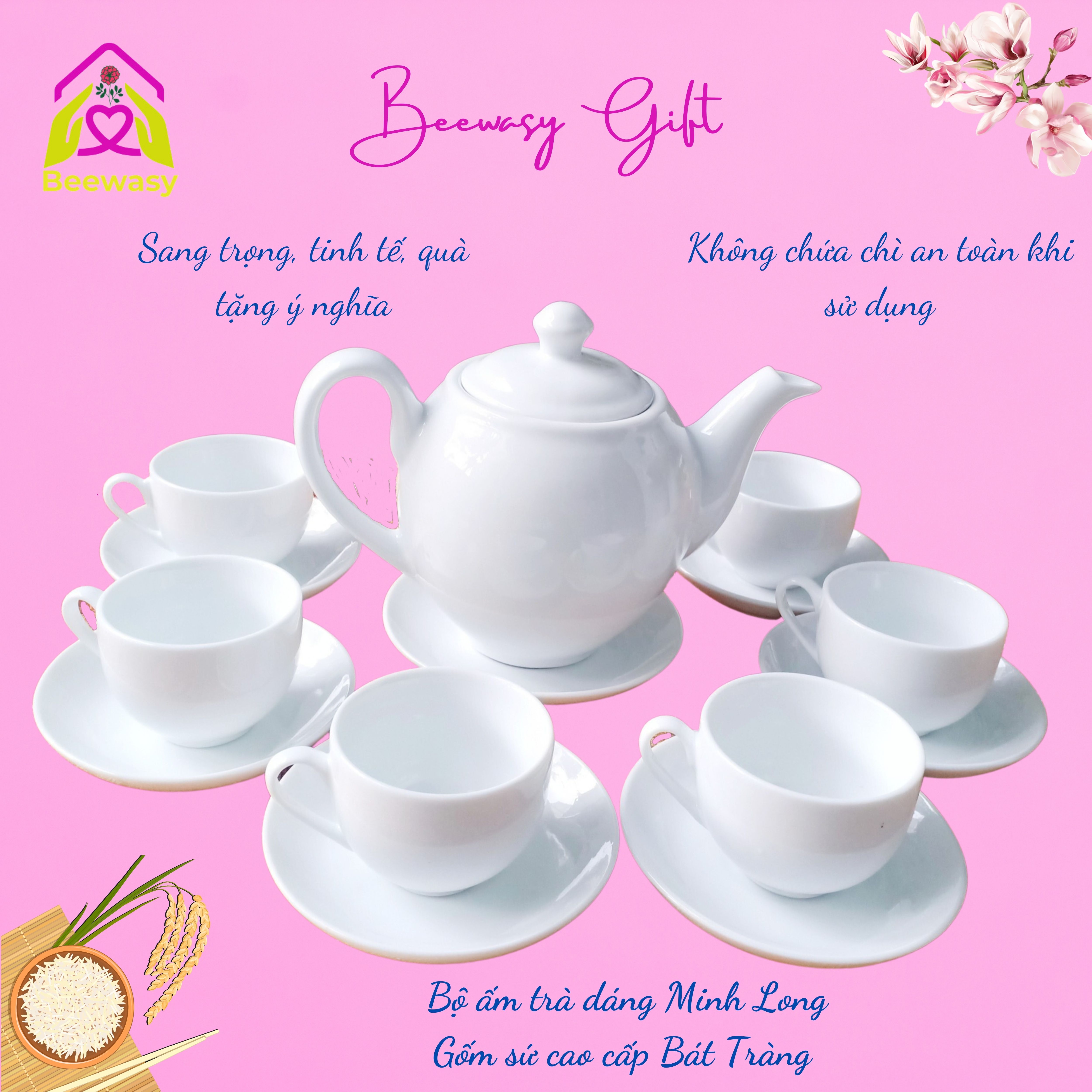 Bộ ấm trà dáng Minh Long, gốm sứ cao cấp Bát Tràng sáng bóng, sang trọng