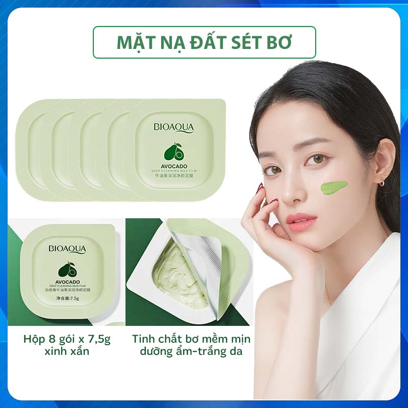 Hộp 8 mặt nạ đất sét, Mặt nạ bùn chiết xuất bơ, mặt nạ bùn đất sét dưỡng ẩm, sáng da, se khít lỗ chân lông