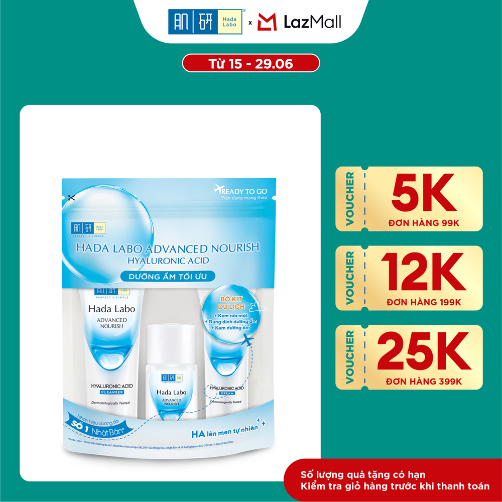 Bộ travel size dưỡng ẩm sâu Hada Labo Advanced Nourish Travel kit (Kem rửa mặt 15g + Dung dịch dưỡng 20ml + Kem dưỡng 12g)