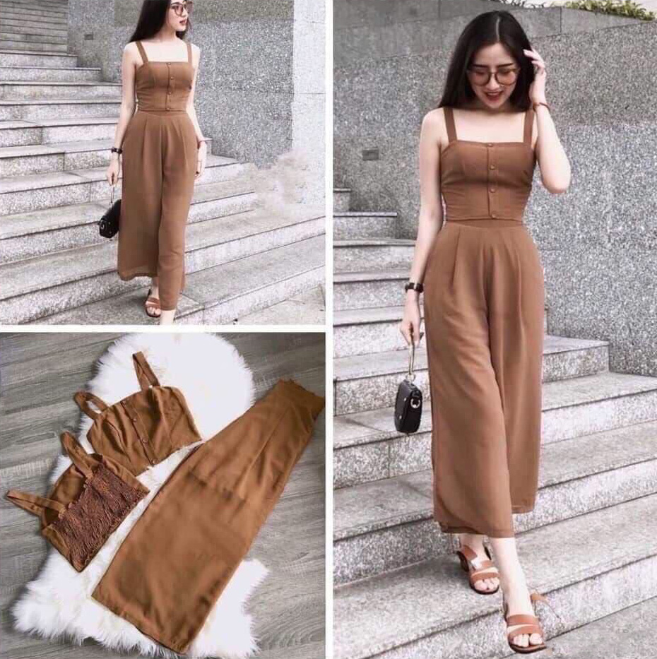 Sét Đồ Bộ Nữ Chạy Moking Áo 2 Dây Bo Thun Lưng & Quần Ống Rộng ( Có Mút Ngực ) Thiết Kế Sang Chảnh Đi Làm Công Sở, Đi Chơi Du Lịch Cực Xinh Đẹp Beta Fashion, Free Size (40-55) Ký Mặc Vừa Nha