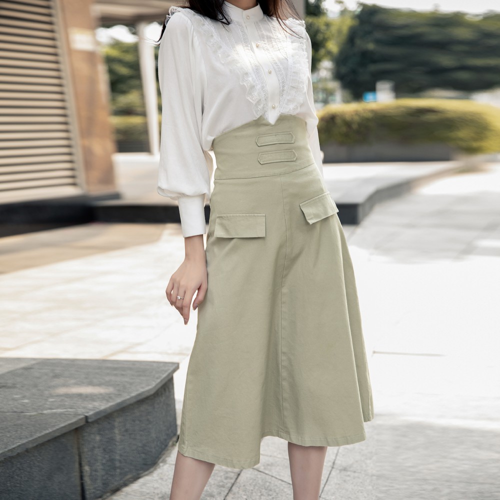 Chân váy kaki lưng cao MASARA màu XANH XÁM, Phom chữ A điệu đà, lưng kéo cao ôm nhẹ giấu bụng cho các nàng tự tin hách dáng