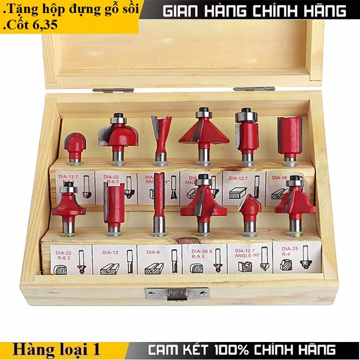 Bộ mũi phay gỗ 12 chi tiết 6,35mm; Bộ mũi soi gỗ 12 chi tiết; Bộ phay; bộ mũi phay; bộ mũi router