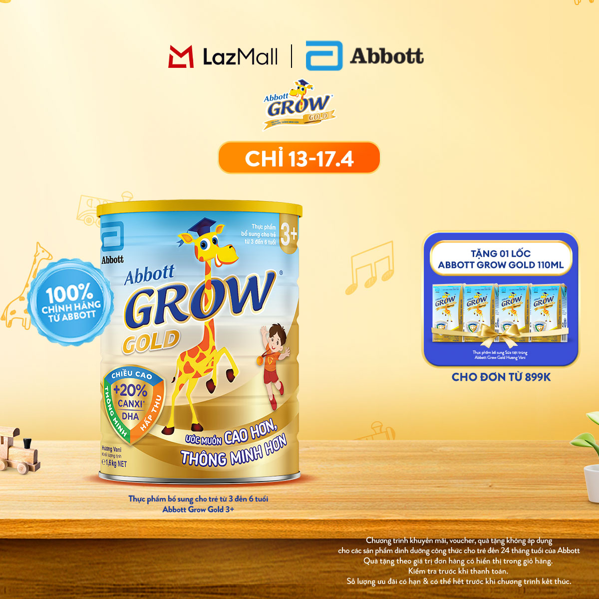 [CHỈ 13-17.04 QUÀ TẶNG CHO ĐH 899K-SLCH] Sữa Bột Abbott Grow Gold 3+ Hương Vani 1.6kg