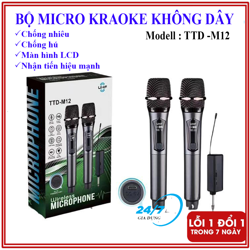 Mic hát karaoke, Micro không dây TTD - M12 cao cấp, chống hú,hút âm cực tốt, chống nhiễu, màn hình LCD, Mic hát dùng cho loa kéo âm li, Bộ micro không dây dùng cho amply, loa kéo, mixer, micro không dây hát karaoke, Bảo Hành 12 tháng -Giadungbv247