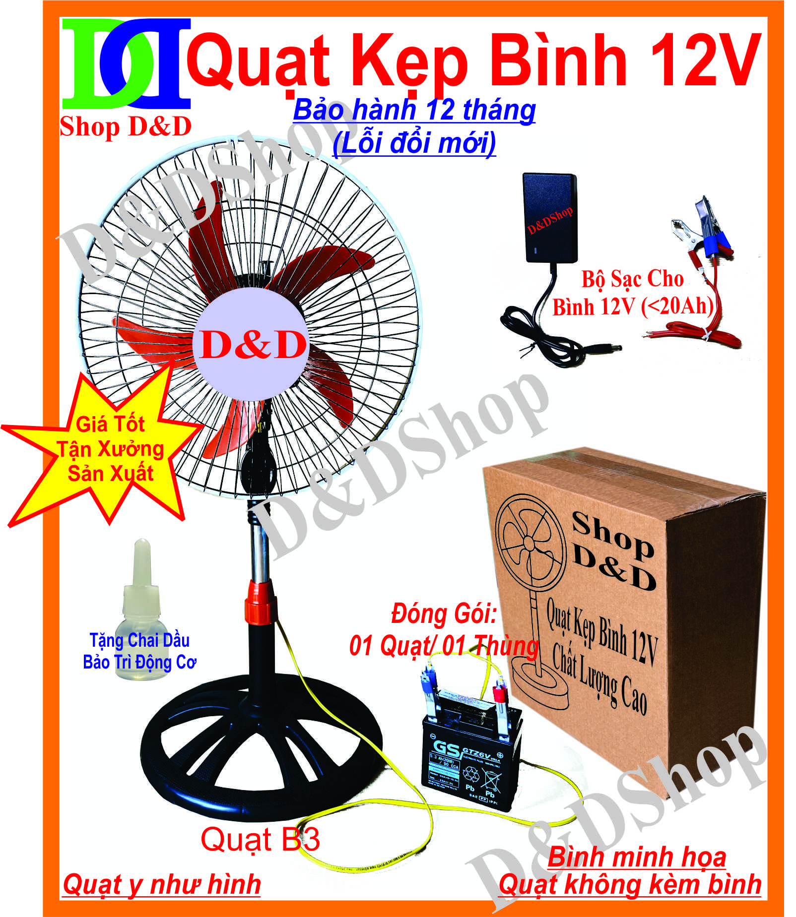 [HCM]Quạt vừa xài điện 220V vừa xài bình 12V. Có Kèm Sạc Cho Bình 12V (<20Ah). Có 3 tốc độ gió. Có Đèn Led Siêu Sáng.