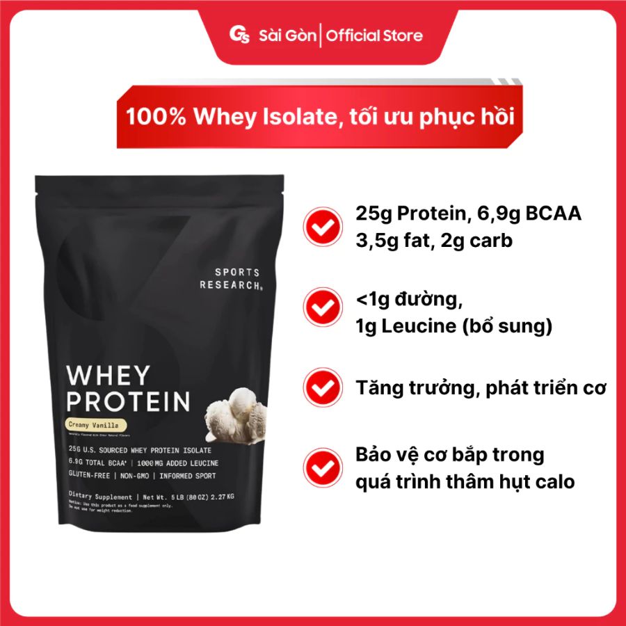 Whey Protein Sports Research Whey Protein Isolate, 5 lbs (2.27 kg) tăng cơ, phát triển cơ bắp - GYMSTORE