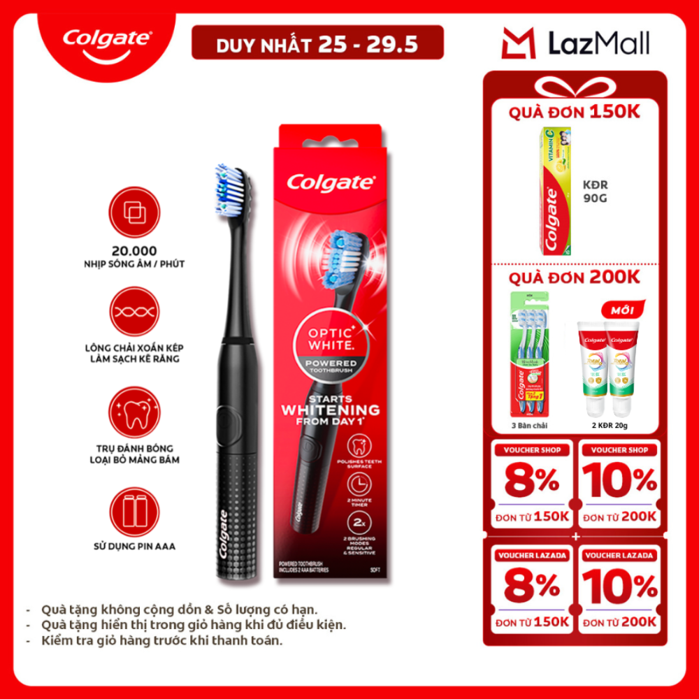 [Chỉ 25-29.5_X2 Voucher giảm 20%] Bàn chải điện Colgate Optic White dùng pin, cho răng trắng sáng với công nghệ sóng âm