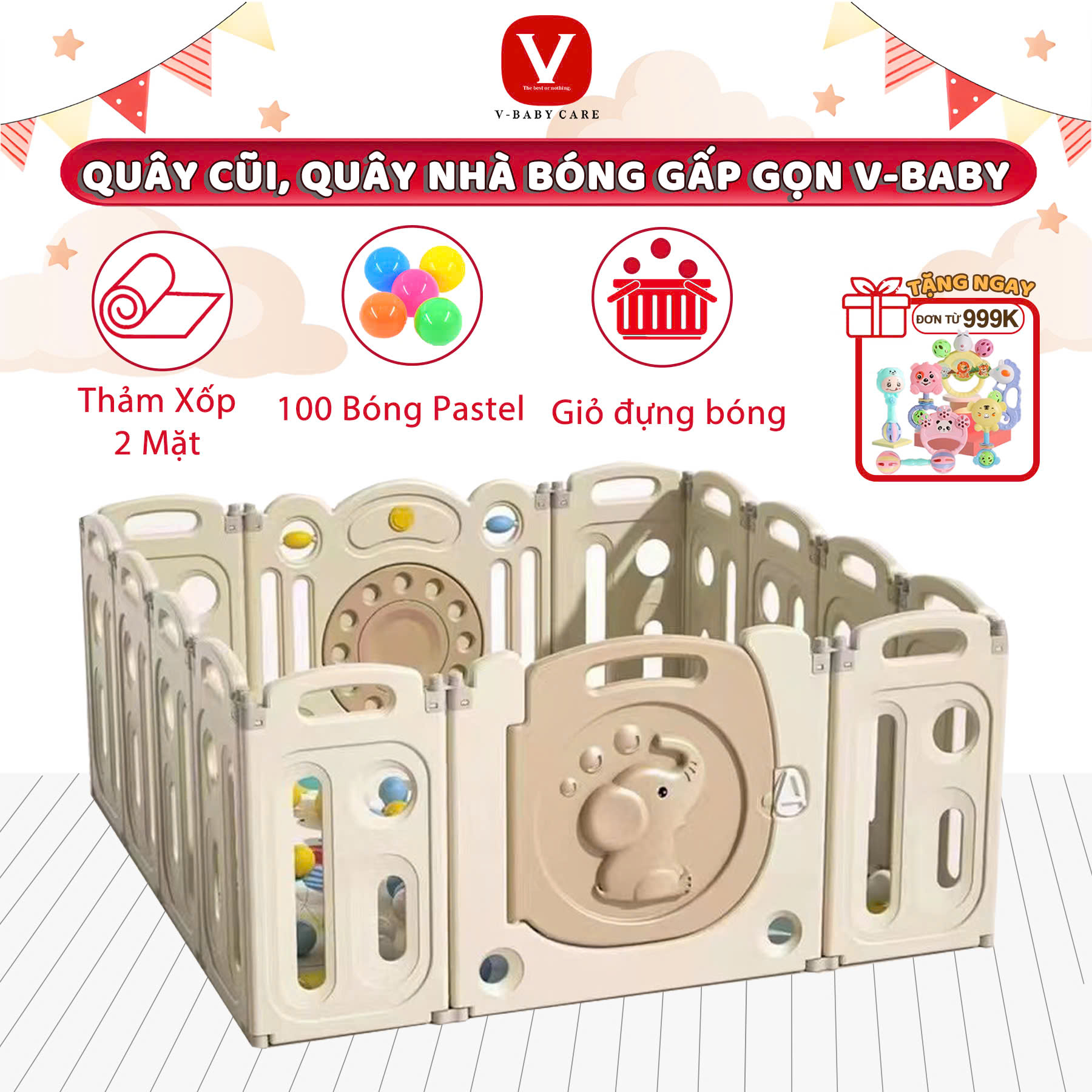 Quây Cũi Nhựa Gấp Gọn V-BABY New 2025 - Hình Con Voi Y5 ( Tặng 100 Bóng + 1 Thảm + Giỏ Đựng Bóng )