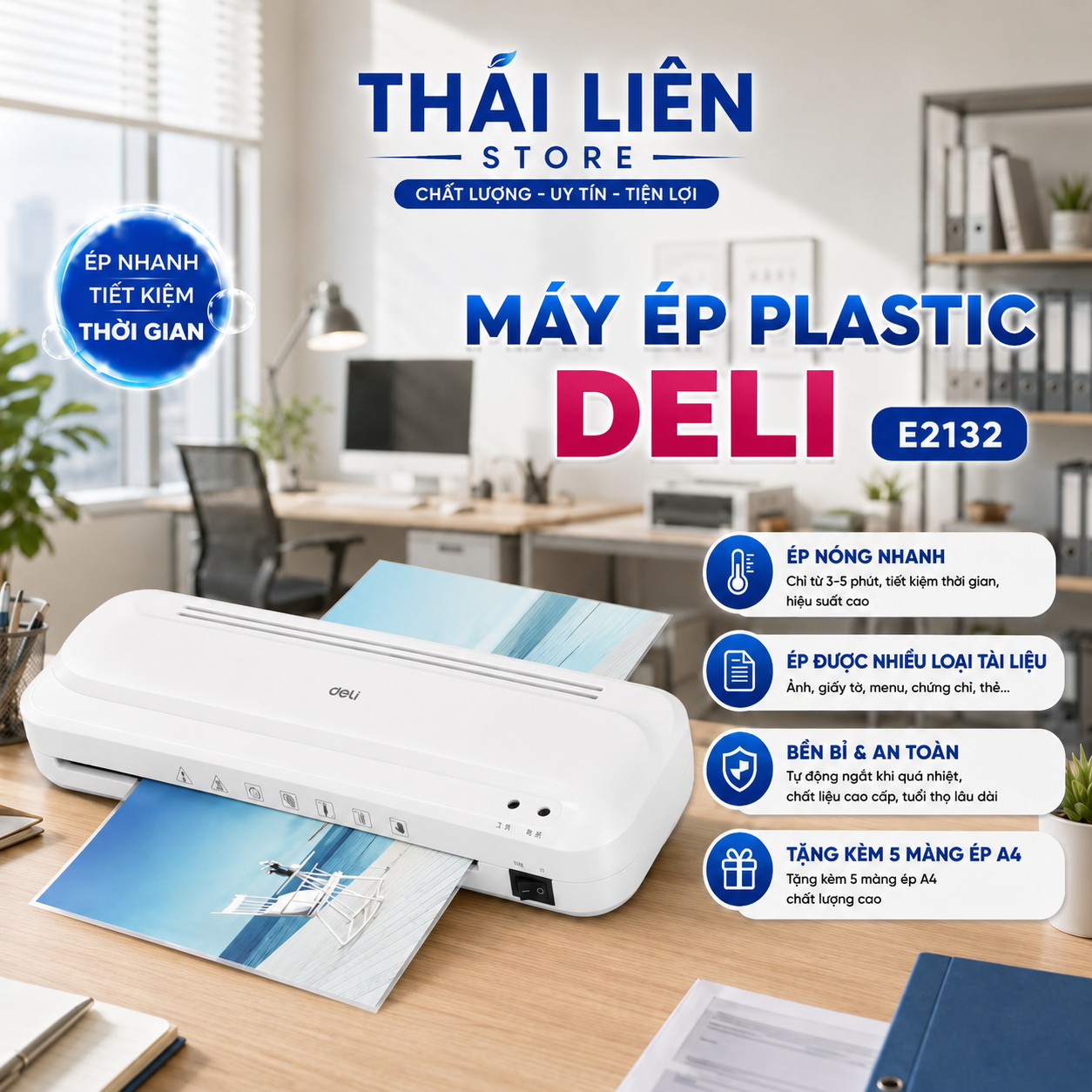 Máy Ép Plastic Deli E2132 Khổ A4, Máy Ép Nhiệt Nhựa Dẻo, Máy Cán Màng Ảnh, Tài Liệu, Bằng Khen