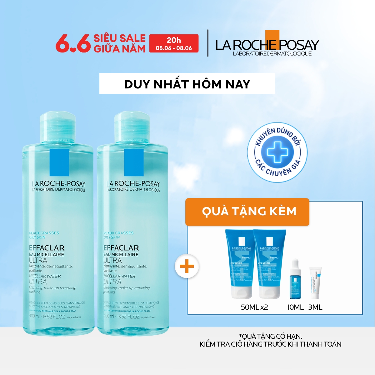 Bộ sản phẩm nước tẩy trang làm sạch sâu giàu khoáng dành cho da dầu nhạy cảm La Roche-Posay Effaclar Micellar Water Oily Skin 400ml