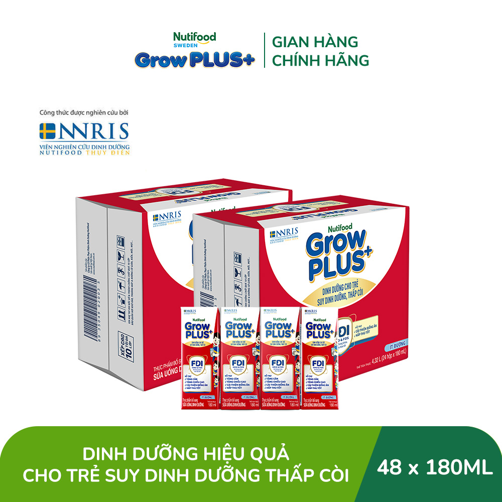 Thùng 48 hộp Sữa Nước Nutifood GrowPLUS+ Suy Dinh Dưỡng (Đỏ) - Hỗ trợ tăng cân, tăng chiều cao Ít đường 180ml - Trên 1 tuổi (Bao bì tùy đợt nhập hàng)
