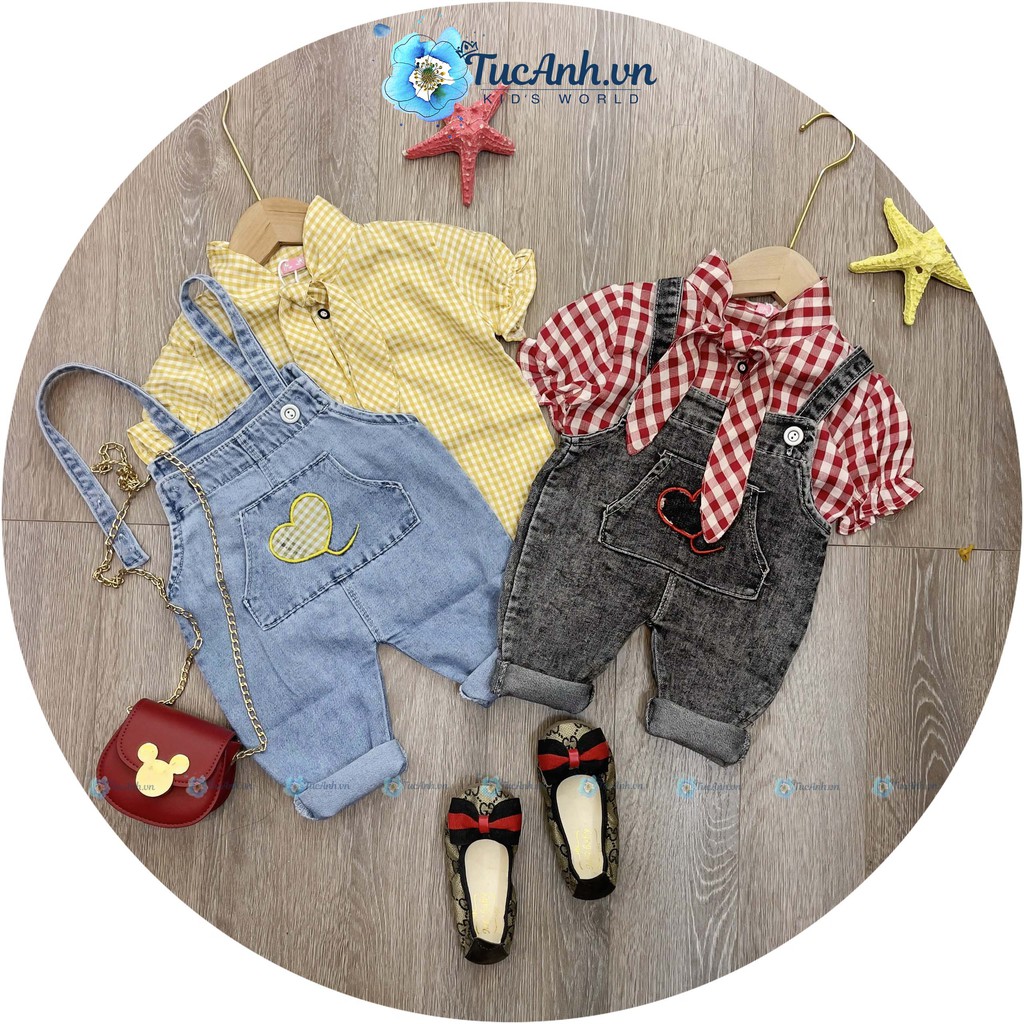 Bộ yếm jean cho bé gái 9-18kg, áo sơ mi caro thắt nơ yếm bò cho bé - qate tucanh