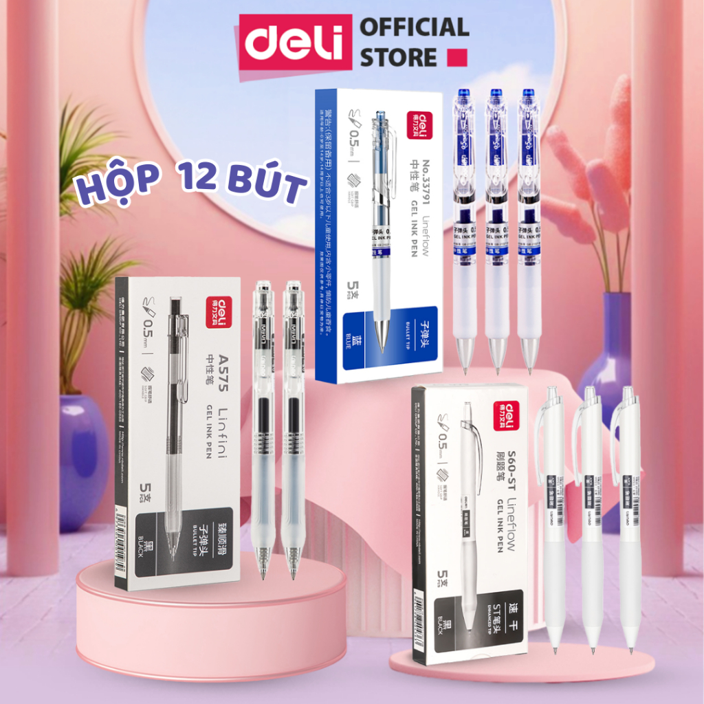 Hộp Bút Gel Bút Bi Nước 0.5mm Deli, Bút Bi Bấm Mực Gel Trơn Tru Viết Sổ Caligraphy Dành Cho Học Sinh Văn Phòng