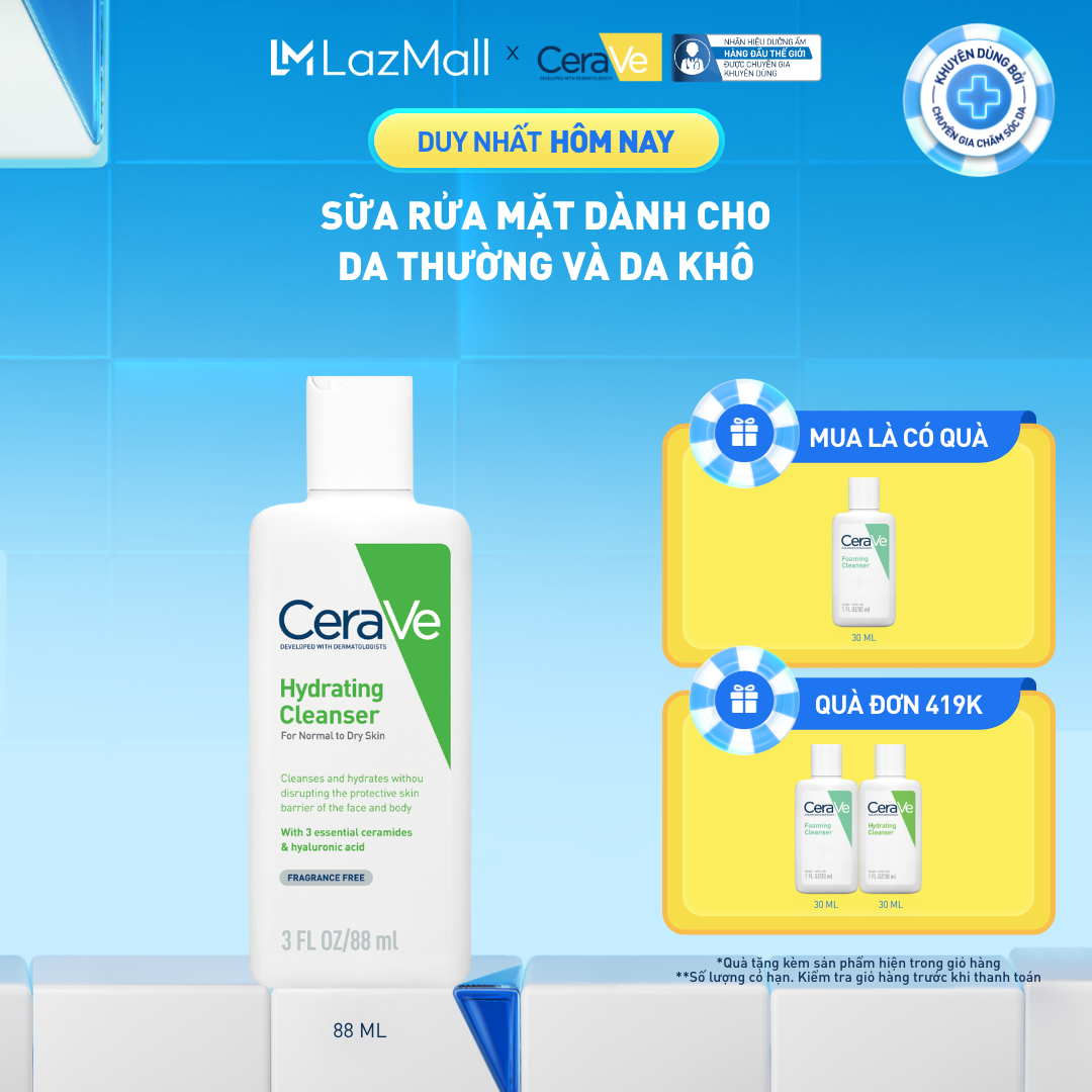 Sữa rửa mặt giúp làm sạch sâu dành cho da thường và da khô Cerave Hydrating Cleanser 88ML