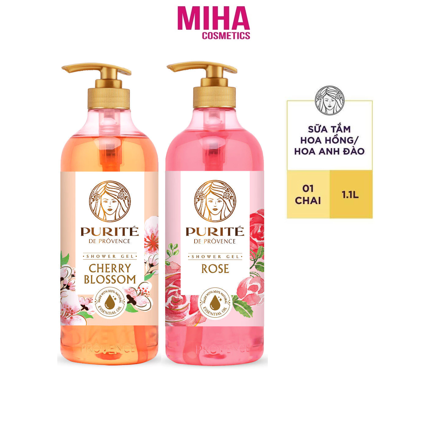 Sữa Tắm Dưỡng Ẩm Mềm Mịn Purite De Prôvence Hoa Hồng Hoặc Hoa Anh Đào 1100ml