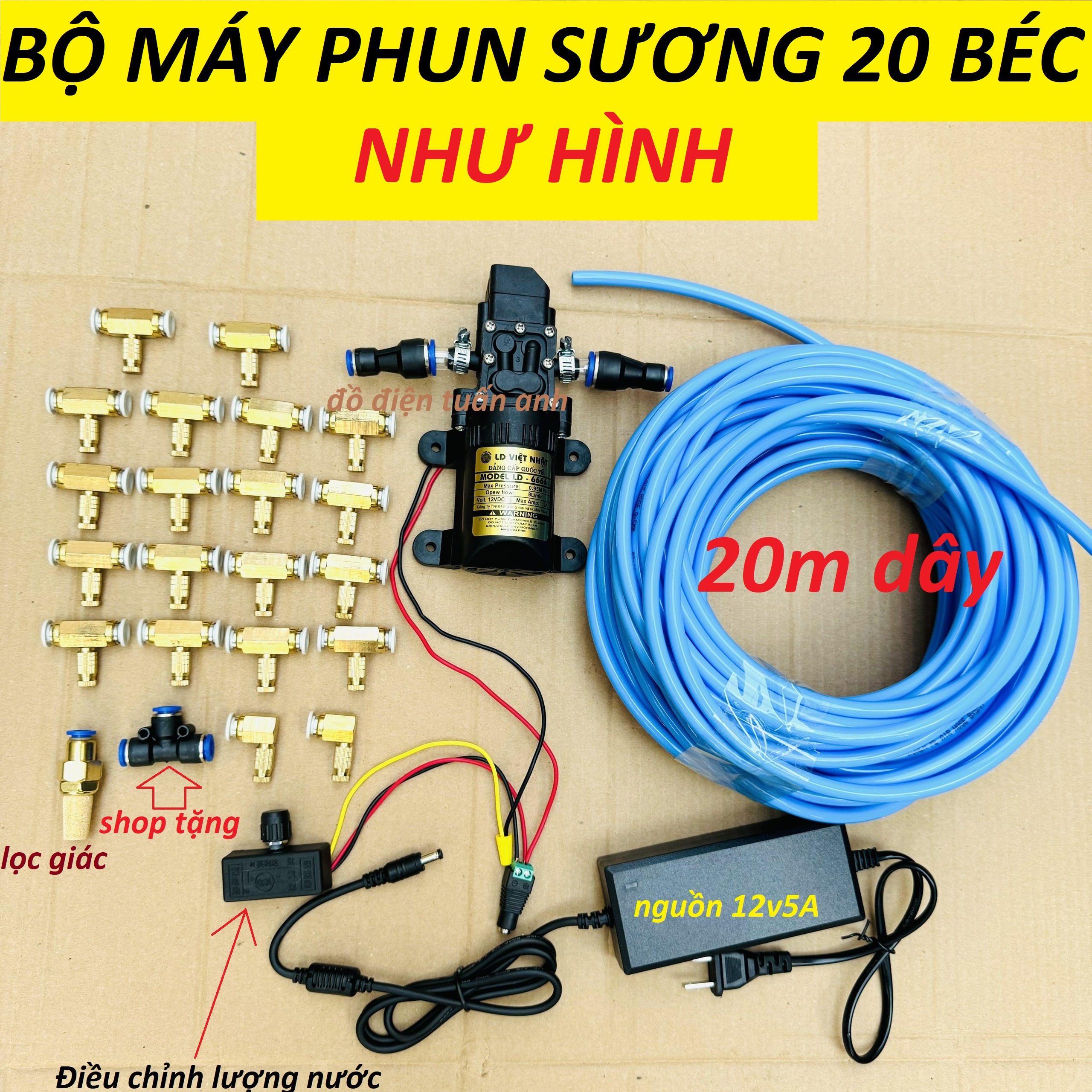 Bộ máy bơm phun sương làm mát bằng đồng đầy đủ bơm,nguồn,dây và đầy đủ phụ kiện lắp đặt, có thể dùng phun trong nhà xưởng, cửa hàng,quán cà phê