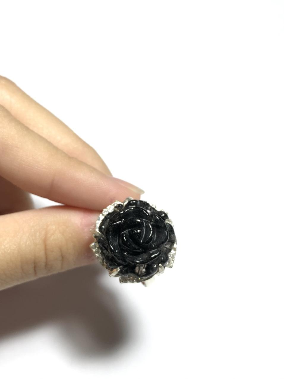 [FreeshipMAX] nhẫn bạc 925 hoa mẫu đơn thạch anh tóc đen size 16