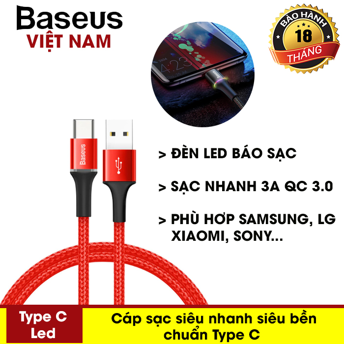 Cáp sạc nhanh 3A Baseus Halo Data Cable USB to Type-C có đèn LED cho Samsung Xiaomi Redmi Note 10 - Thương hiệu Baseus - Phân phối bởi Baseus Vietnam