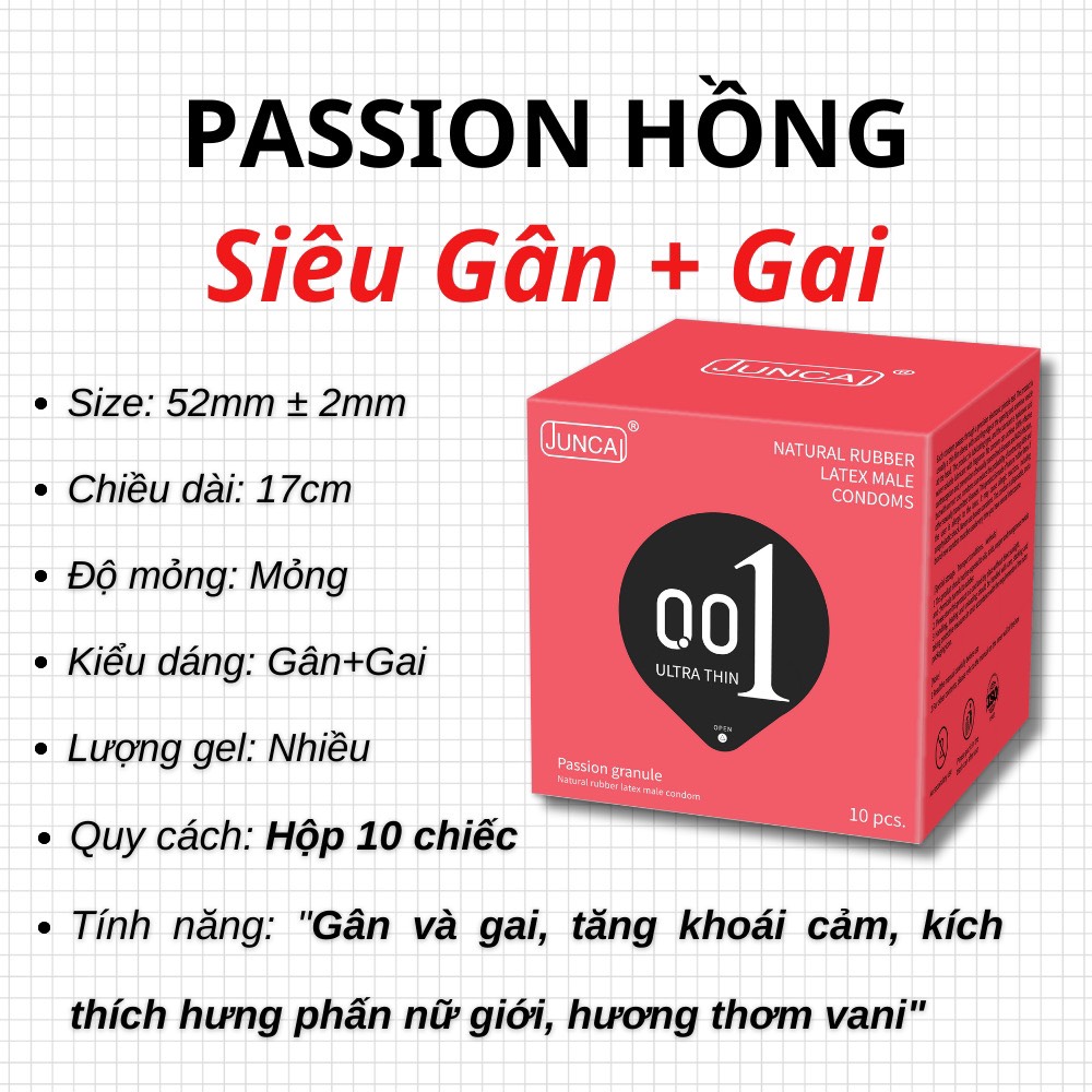 [Che tên] Bao cao su Siêu mỏng, Gai nhỏ Li ti tăng cảm giác, Nhiều gel bôi trơn JUNCAI 001 Passio Granule, Ultrathin Touch - Hộp 10 cái