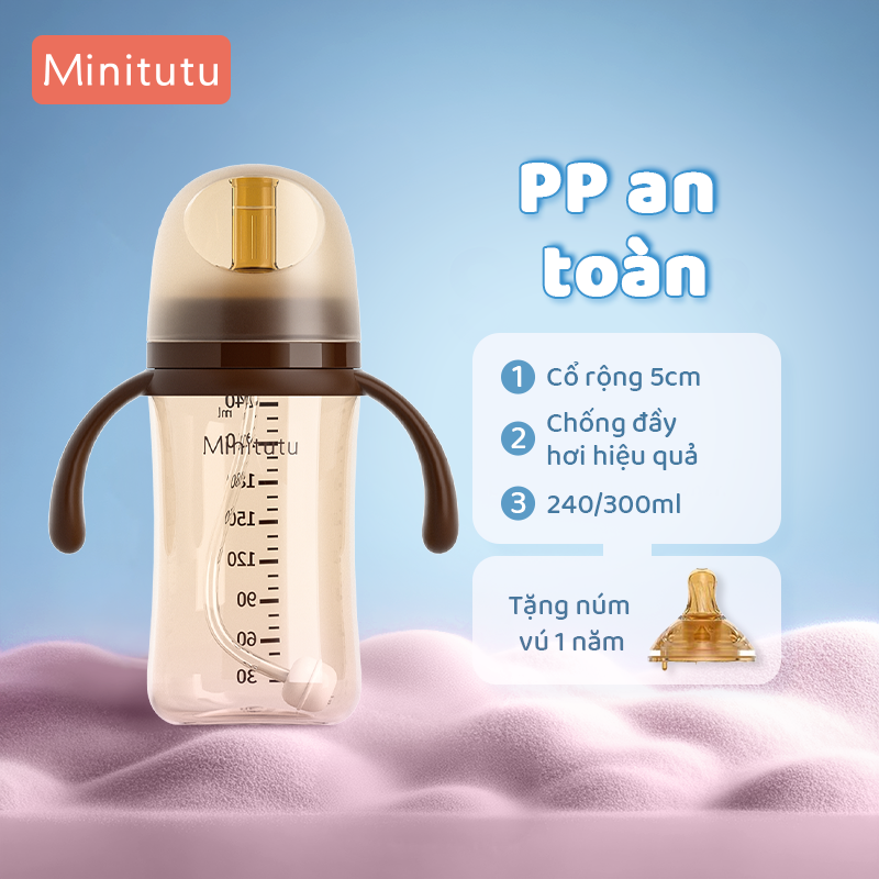  Cốc có ống hút Minitutu cho bé240ml 300ml Chất liệu PP cổ rộng 5CM Chống đầy hơi BPA Free 