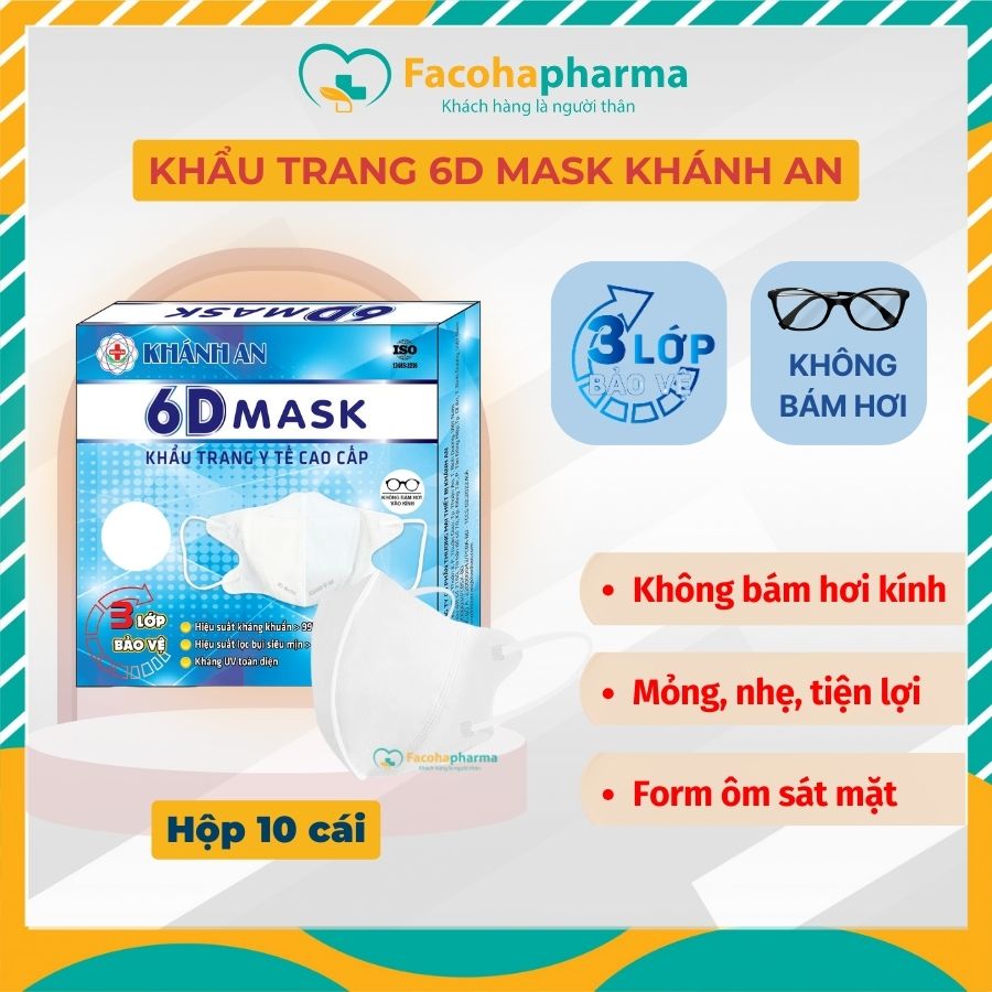 Khẩu trang 6D Mask Khánh An y tế cao cấp 3 lớp không bám hơi vào kính kháng khuẩn hộp 10 cái KA6DO