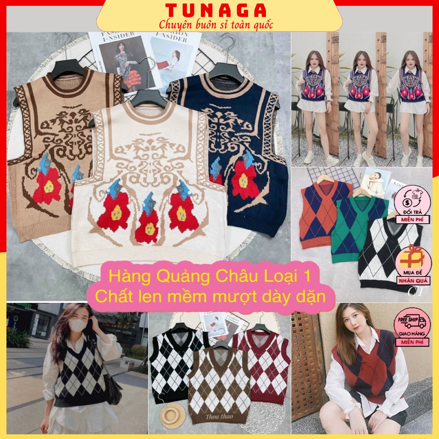 [LEN DỆT KIM] Gile Nữ Họa Tiết Thổ Cẩm- Áo Nữ Chẩt Len Mix Cùng Sơ Mi Siêu Trendy