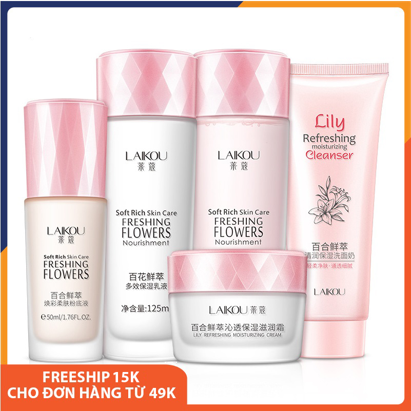 Trọn bộ mỹ phẩm chăm sóc da mặt cao cấp Laikou 5 món: Sữa rửa mặt+Nước cân bằng da+Sữa dưỡng da+Kem dưỡng da+Kem nền, làm sạch da, dưỡng ẩm làm trắng, da sáng màu, chống lão hóa, da căng bóng, skincare nội địa Trung SPU097