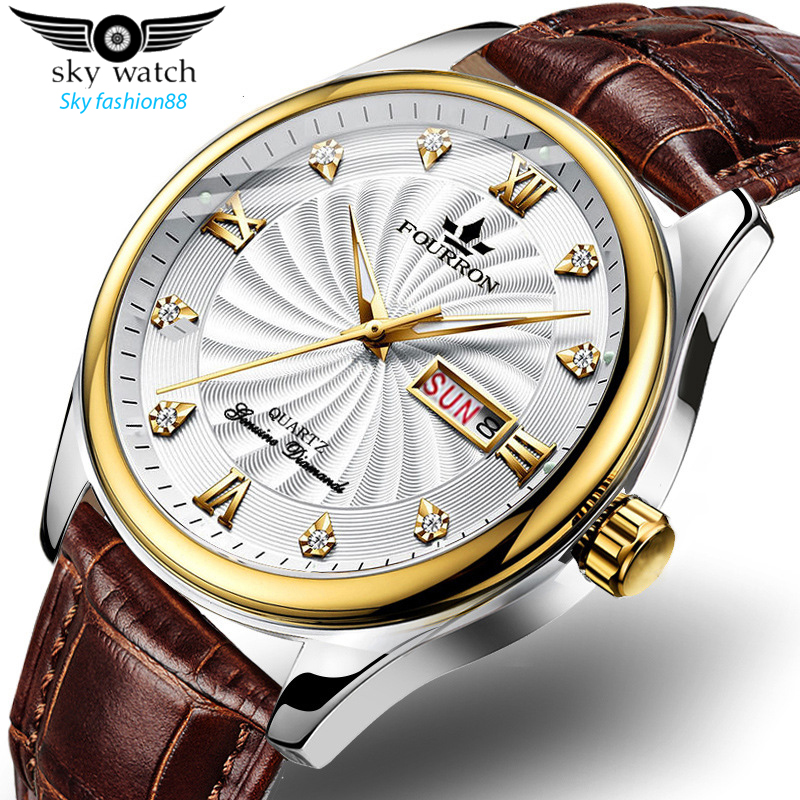 Đồng hồ Nam FOURRON JAPAN - đồng hồ đeo tay Mặt Đính Đá F1853 không thấm nước chạy 2 Lịch Dây Da PU Cao cấp -đồng hồ mới 2020