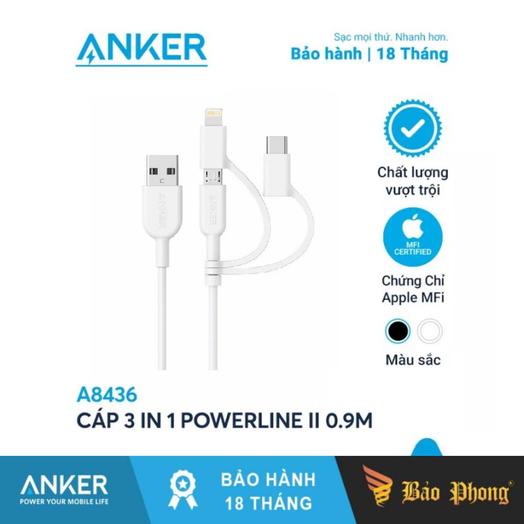 Cáp 3in1 Anker A8436 Powerline II 0.9M (Lightning - Type C - Micro USB)- BH 18 tháng