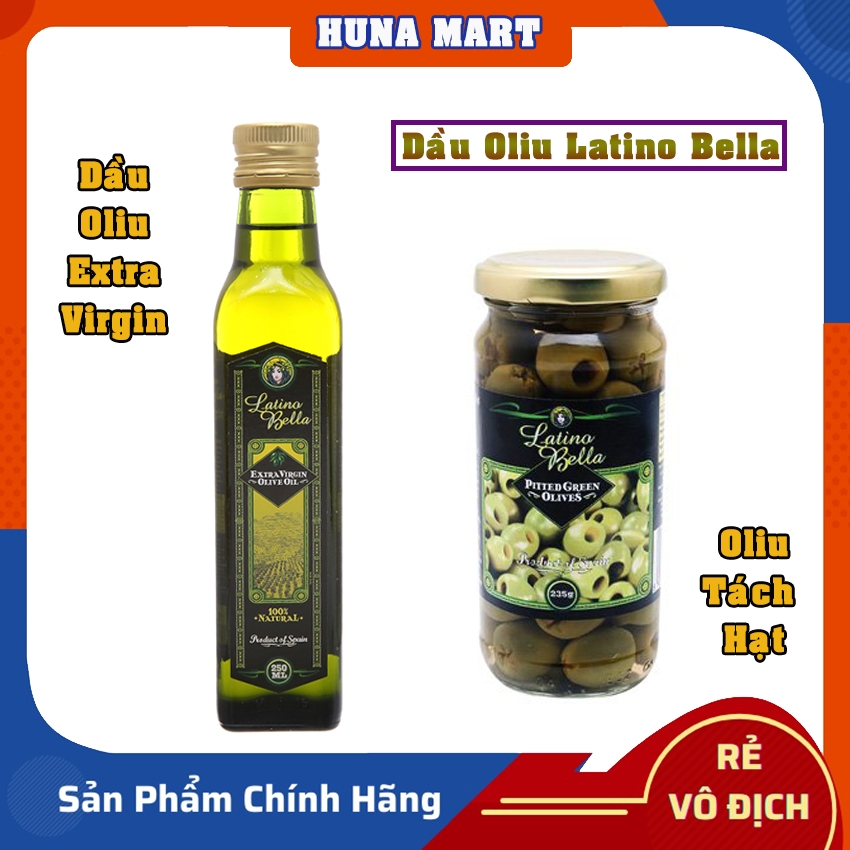 Dầu Oliu Extra Virgin hiệu Latino Bella 250ml - Oliu xanh tách hạt Latino Bella 235g và 400g