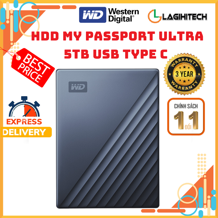 Ổ Cứng Di Động HDD WD My Passport Ultra 5TB USB Type C Màu Xanh Đen Chính Hãng WD Bảo Hành 3 năm