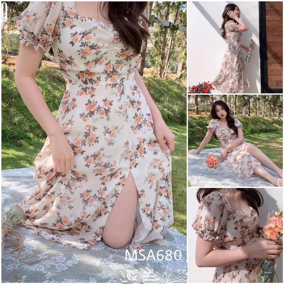 Đầm dáng xòe họa tiết hoa tay phồng xẻ tà chât liệu voan hoa may 2 lớp size SM