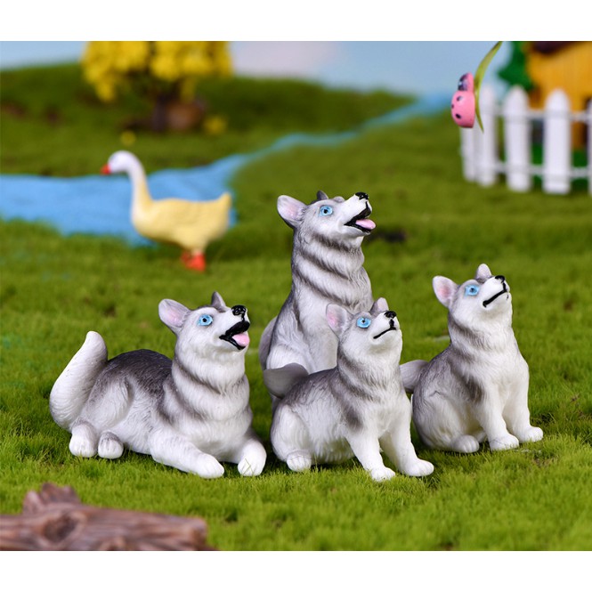 Mô hình chó Husky lông xám lai sói trang trí tiểu cảnh, móc chìa khóa, DIY