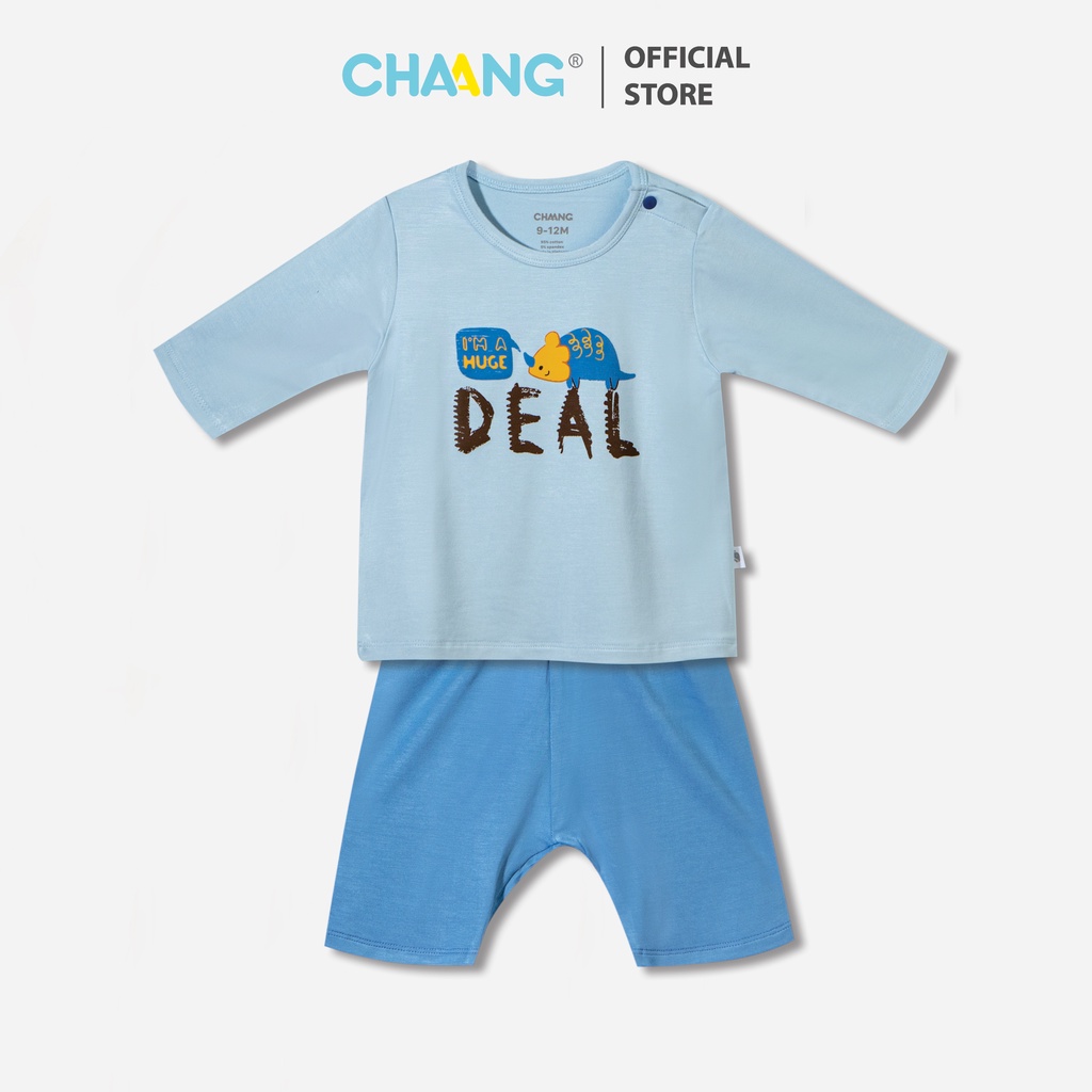 Bộ quần áo lửng cúc vai bé trai Dino xanh biển Chaang