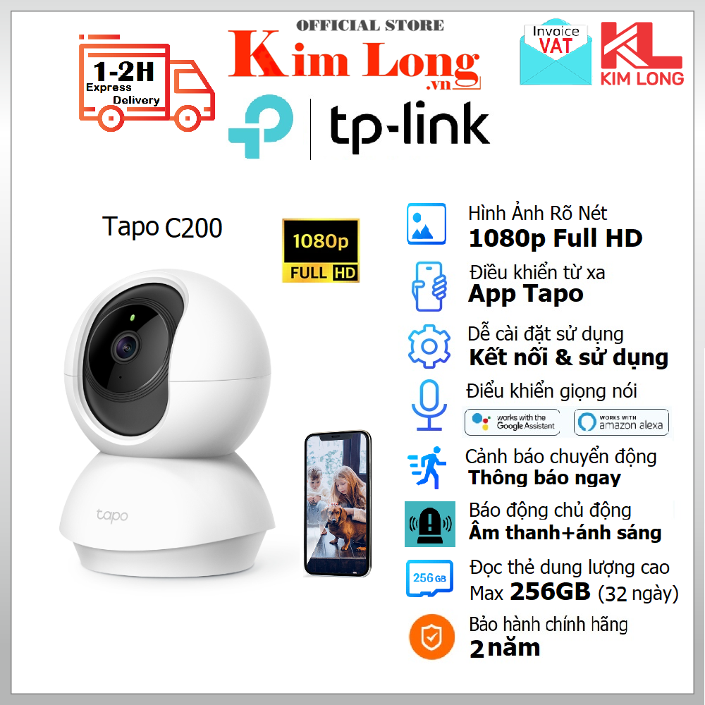 Camera giám sát TP-Link Tapo C200 IP Độ phân giải 1080P 2MP Xoay 360 độ - Đọc thẻ 128GB - Đàm thoại 2 chiều - Báo chuyển động