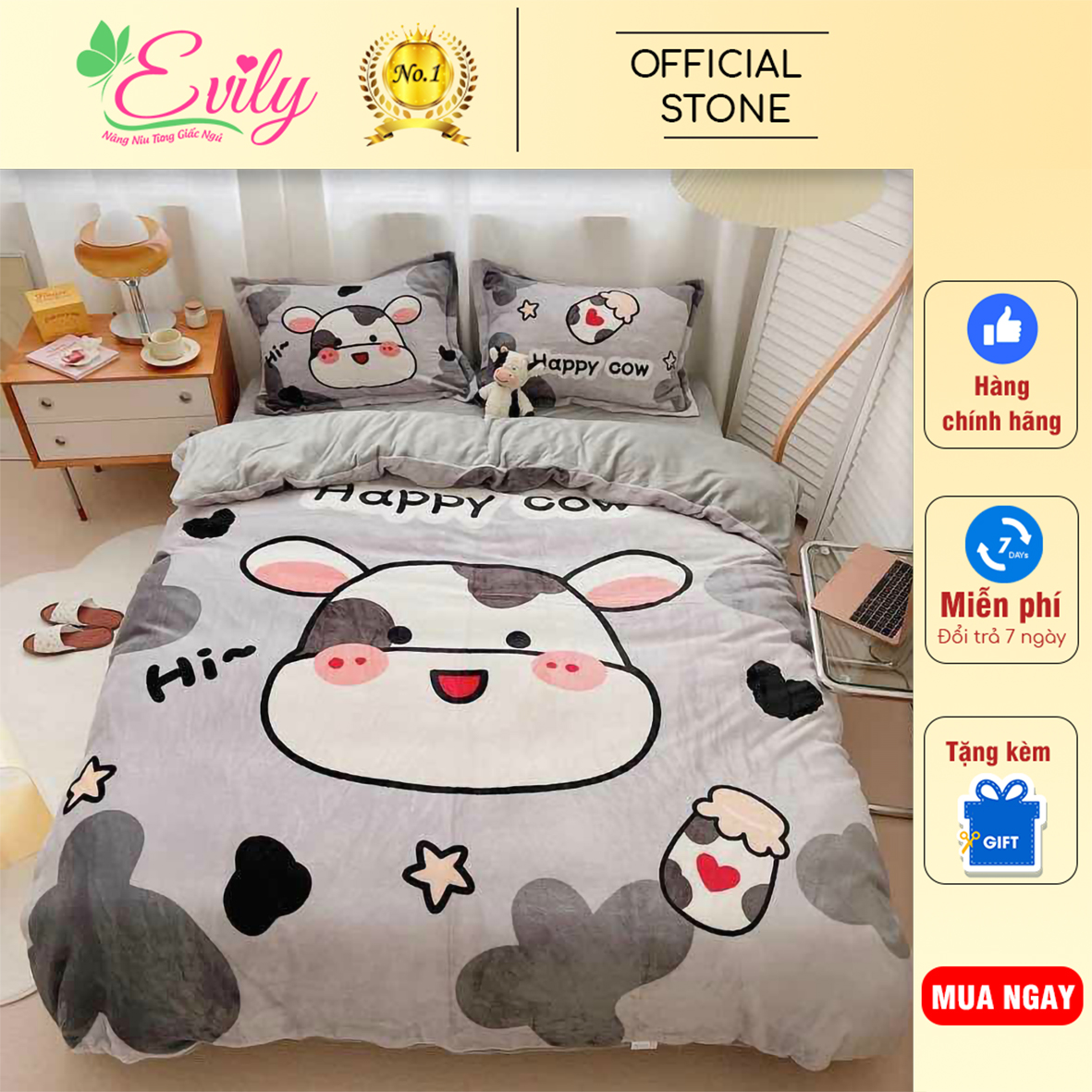 Trọn Bộ (4 Món) Chăn Ga Gối Nỉ Nhung Siêu Cấp Đáng Yêu Cute. HỌA TIẾT BÒ SỮA GHI.Mang Cảm Giác Thoải Mái Và Cho Bé Giấc Ngủ Ngoan. Quà Tặng Ý Nghĩa Cho Bé Yêu. Thương Hiệu EVILY. Mã YHN025