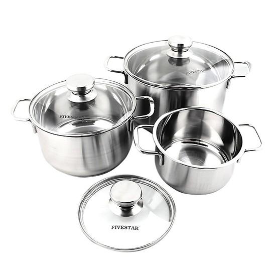 Bộ 3 nồi inox Fivestar. Kết cấu nồi 3 lớp Inox-nhôm-Inox 430. Bảo hành 5 năm. Size 16-20-24cm. Quai vuông, núm nắp tròn. FSB3004
