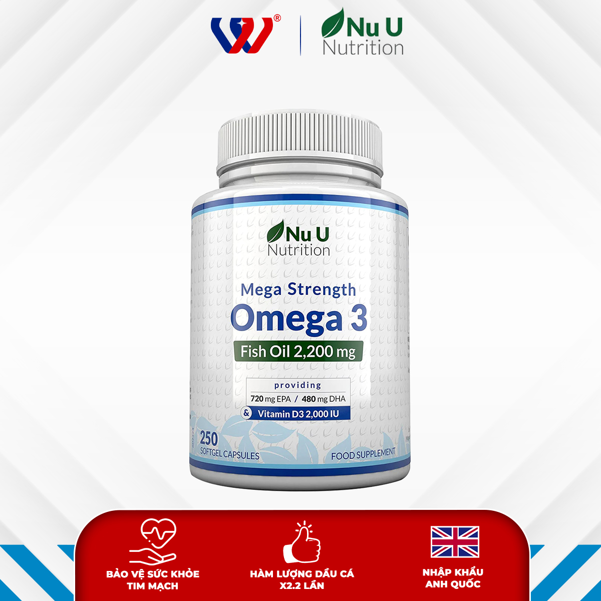 Nu U Nutrition Mega Strength Omega 3 & Vitamin D3 250 Viên
