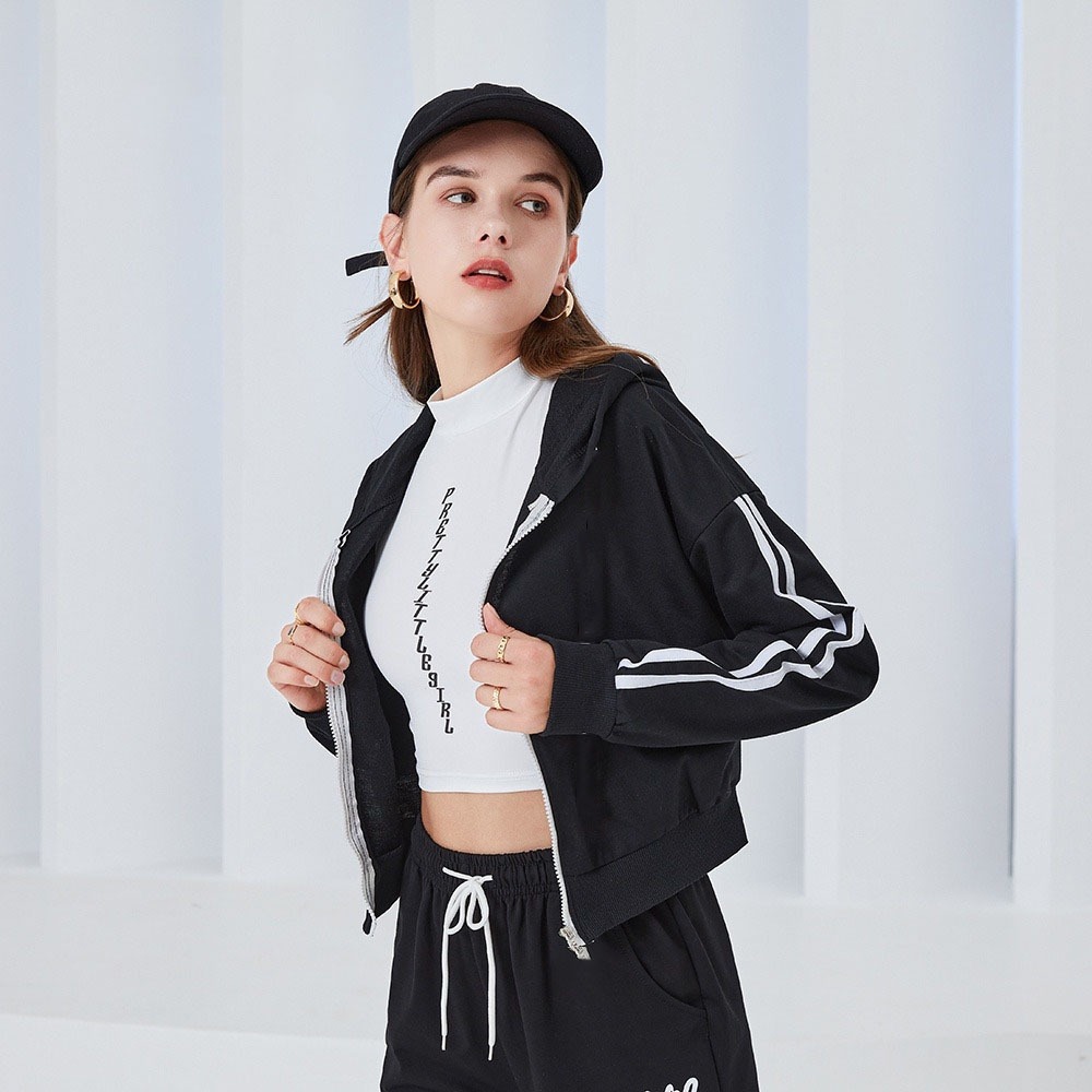 Áo khoác BOMBER nữ, Áo khoác thể thao nữ, áo khoác croptop có mũ, Áo khoác thể thao có mũ nữ TJI