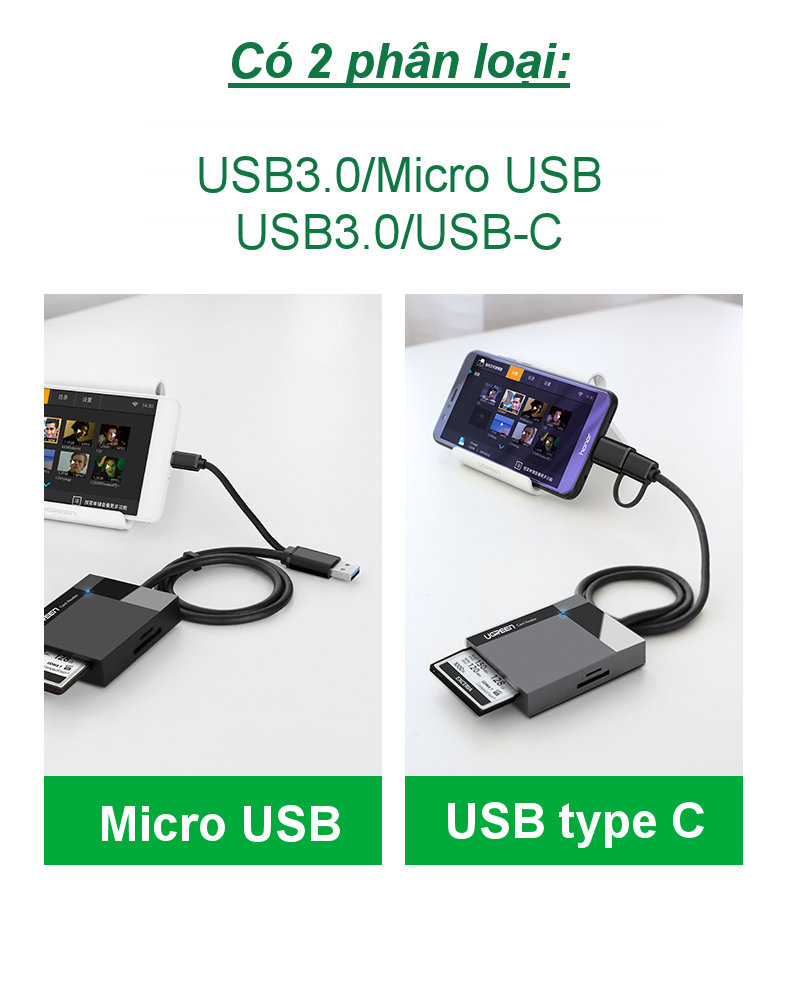 Đầu đọc thẻ hỗ trợ cổng 2 in 1 USB 3.0 / USB type C cho thẻ CF / SD / MS / TF chức năng OTG dài 50cm UGREEN CR125 Đầu đọc thẻ hỗ trợ cổng 2 in 1 USB 3.0 / USB type C cho thẻ CF / SD / MS / TF chức năng OTG dài 50cm UGREEN CR125