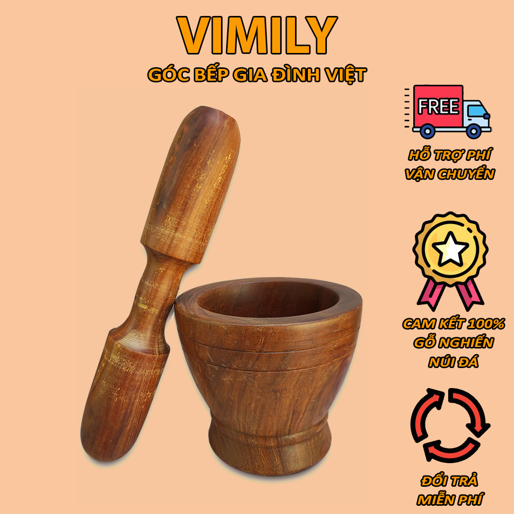 Cối chày gỗ nghiến Tây Bắc núi đá giã thức ăn gia vị VIMILY 2 đầu kích thước 17cm