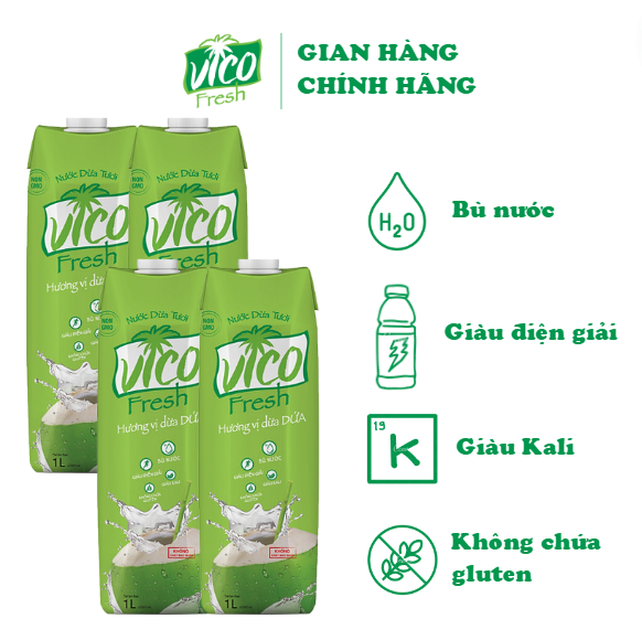 Thùng 4 hộp nước dừa vico fresh 1l - vị dứa - thơm ngon mát lạnh