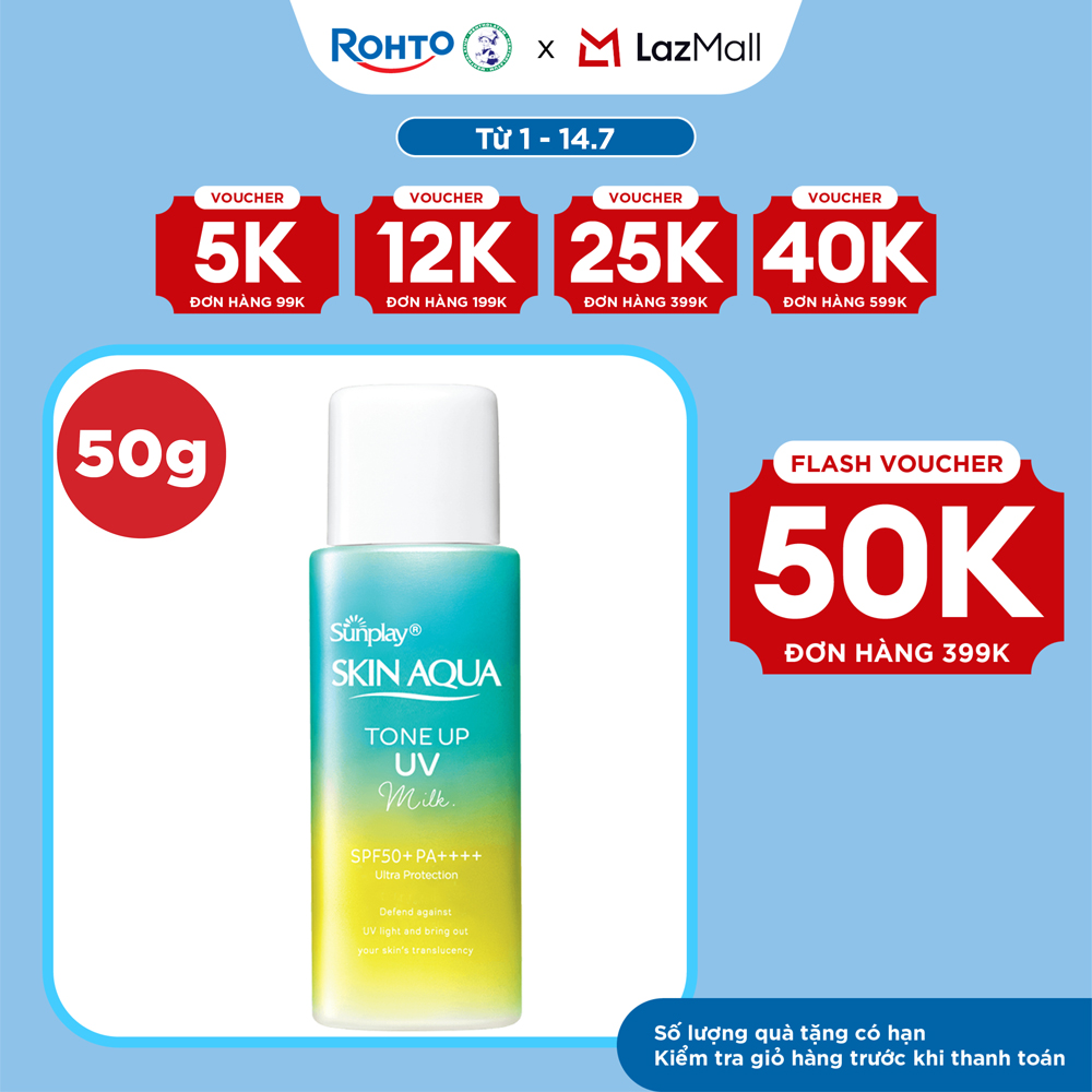Kem chống nắng nâng tông Skin Aqua Tone up  Mint Green cho da trắng có khuyết điểm đỏ, dạng sữa Sunplay Skin Aqua Tone Up UV Milk Mint Green SPF 50+ PA++++ 50g
